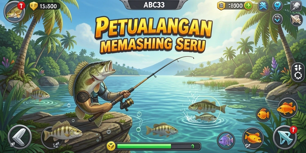 Screenshot menampilkan pemain memancing di danau yang indah.