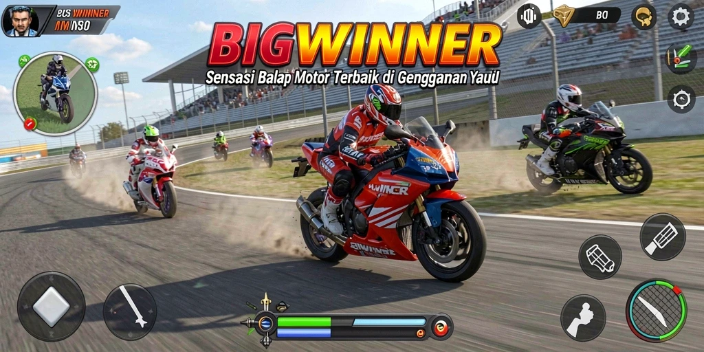 Tangkapan layar menampilkan aksi balapan motor yang mendebarkan.