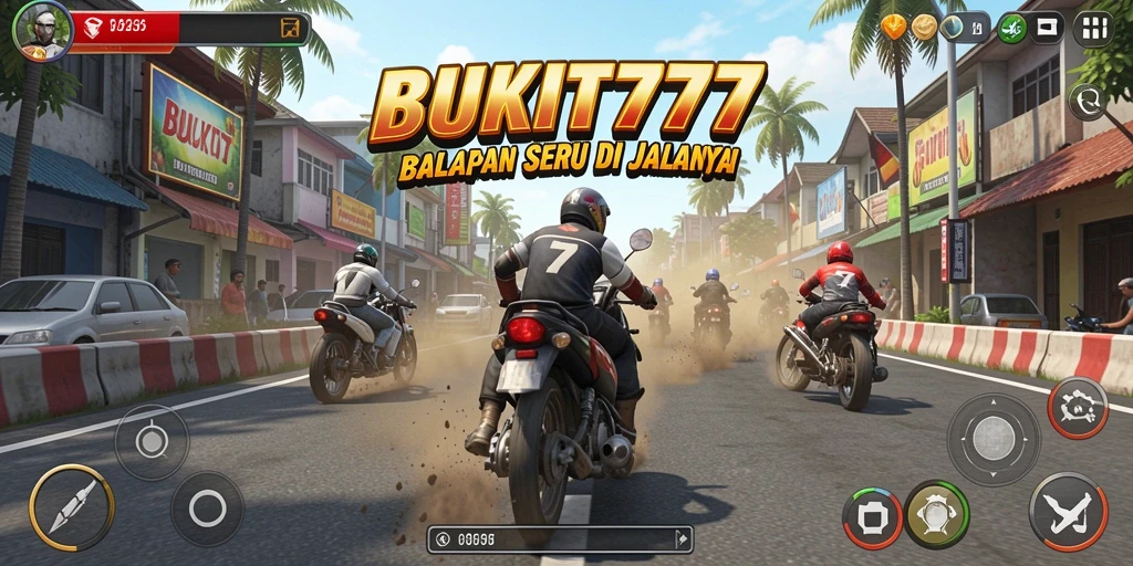 Gameplay BUKIT777 menunjukkan balapan dinamis dengan mobil yang beraksi.