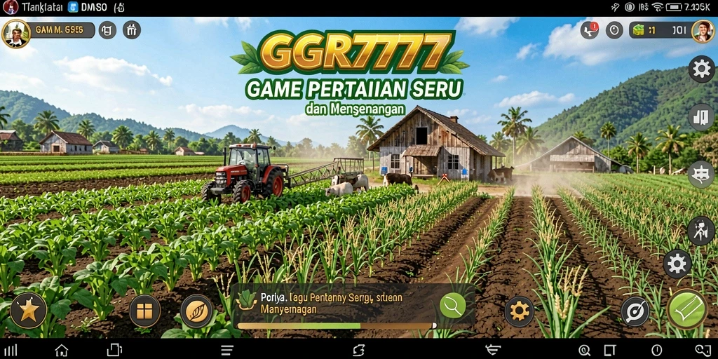 Tampilan gameplay GGR7777 dengan kebun yang indah dan hewan ternak.