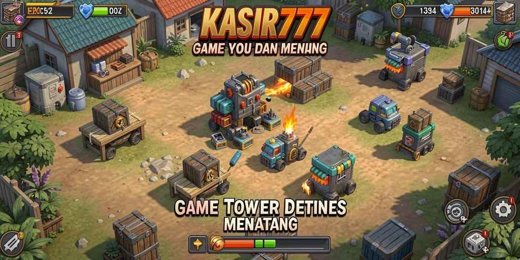 Tampilan gameplay seru di KASIR777, menara melawan gelombang musuh.