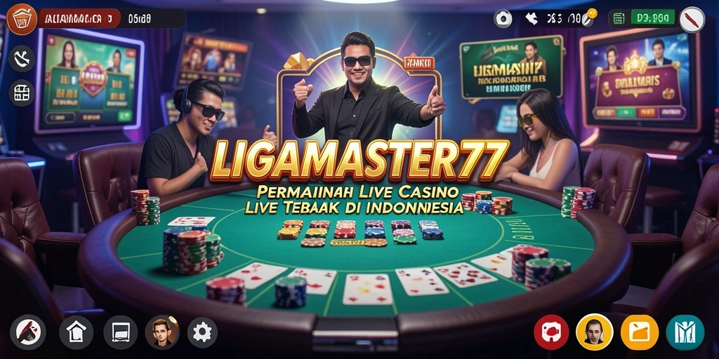 Tangkapan layar gameplay LIGAMASTER77 yang menampilkan dealer langsung di meja kasino.