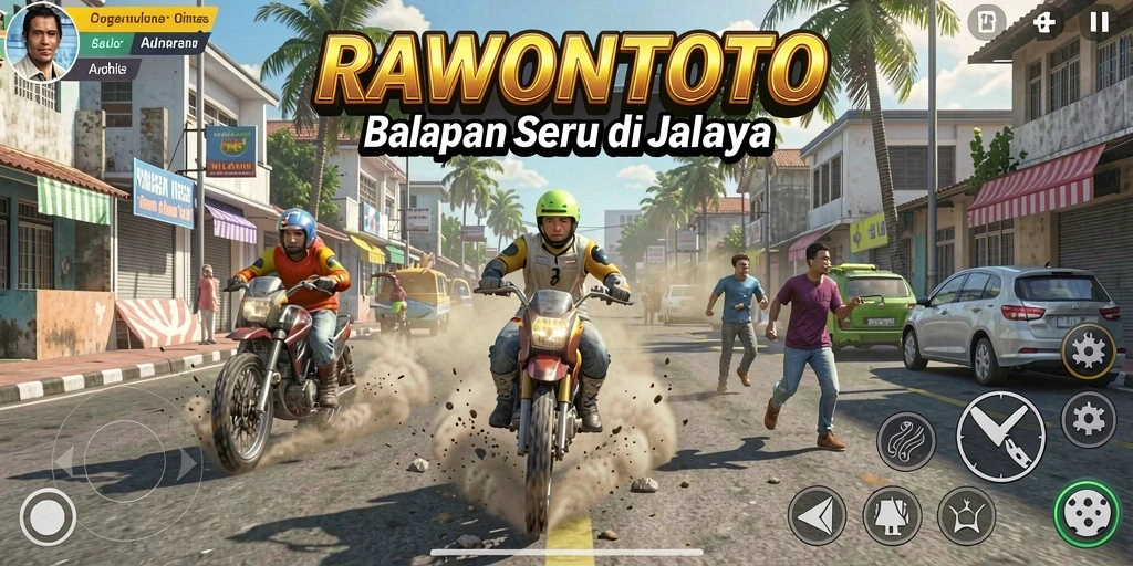 Tangkapan layar gameplay RAWONTOTO menampilkan aksi balapan yang mendebarkan.