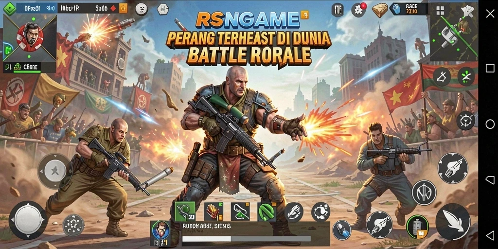 Screenshot gameplay RSNGAME menampilkan aksi Battle Royale yang seru.